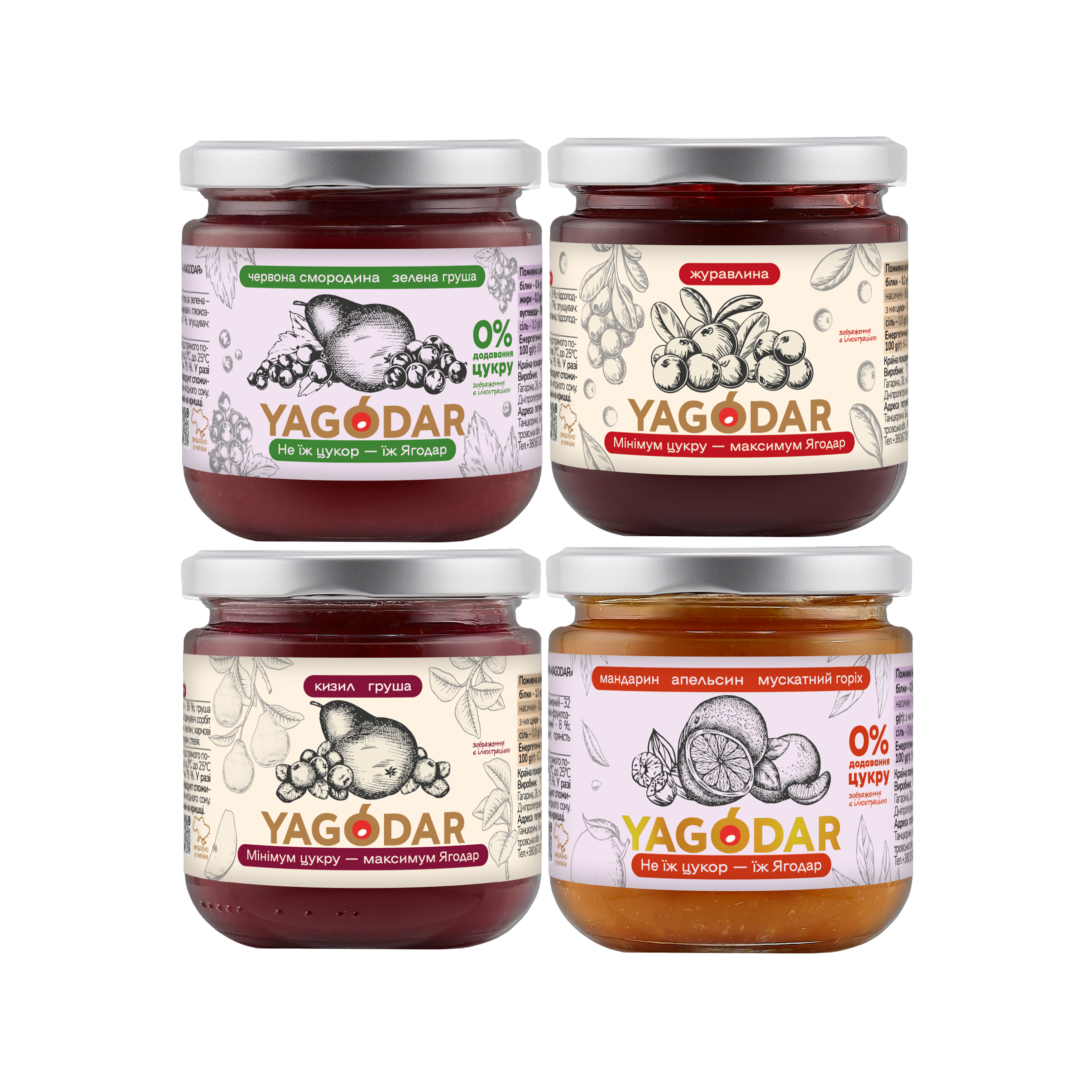 4 jams made from citrus fruits, cornel, cranberry, currant